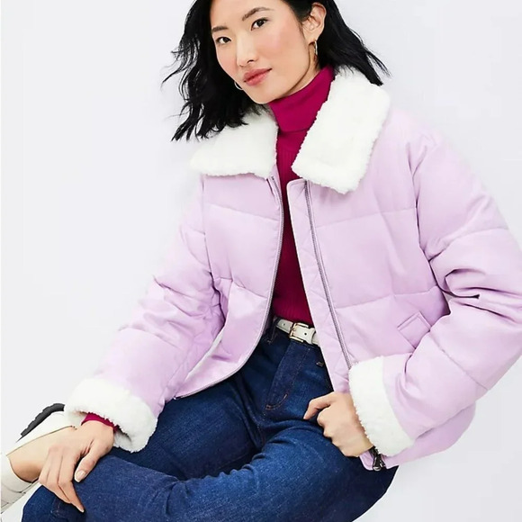 LOFT Petite Shearling Collar Puffer Jacket in Sheer Violet Zip Up Size  S NWT - Picture 1 of 14